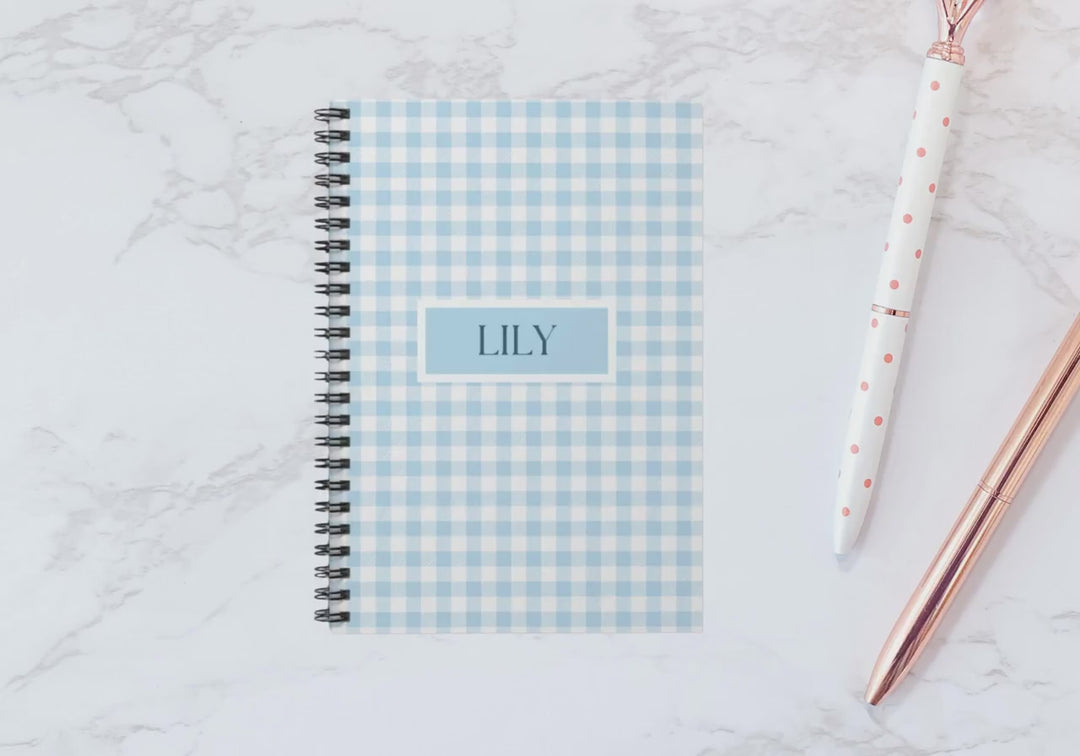 Personalized Blue Gingham Spiral Notebook | 118 Pages Ruled Line | Custom Name Notebook | Stylish & Durable