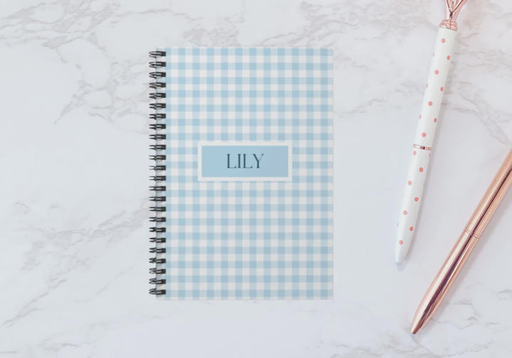 Personalized Blue Gingham Spiral Notebook | 118 Pages Ruled Line | Custom Name Notebook | Stylish & Durable