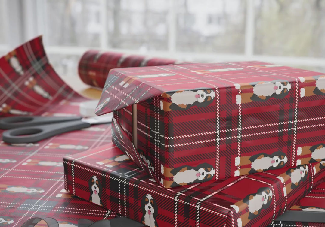 Red Plaid Bernedoodle Wrapping Paper Dog Gift Wrap Mini Bernedoodle Christmas Gift Wrap Holiday Dog Lover Wrap