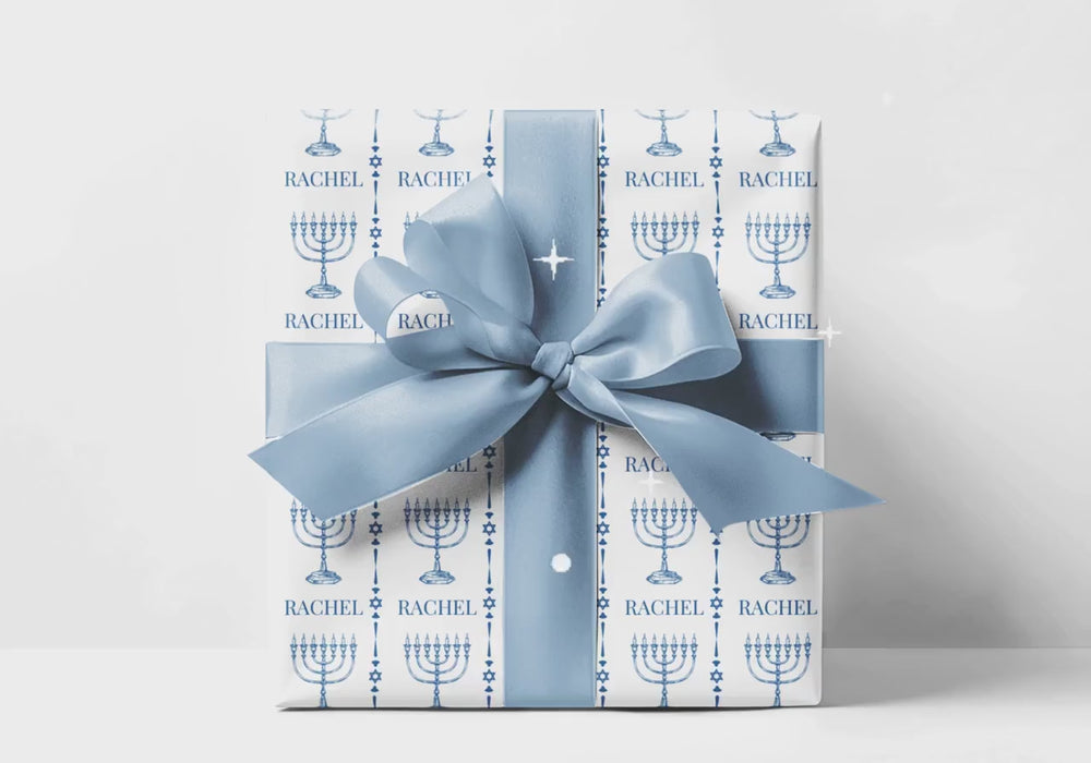 Custom Hanukkah Wrapping Paper Personalized Blue Menorah and Jewish Symbols Gift Wrap for Chanukah