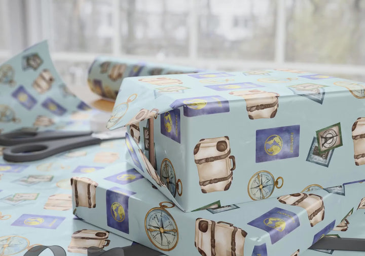 Vintage Travel Wrapping Paper | Suitcase Luggage, Passport, Compass | Travel-Themed Gift Wrap | Birthday Wrap | Honeymoon & Vacation Gift