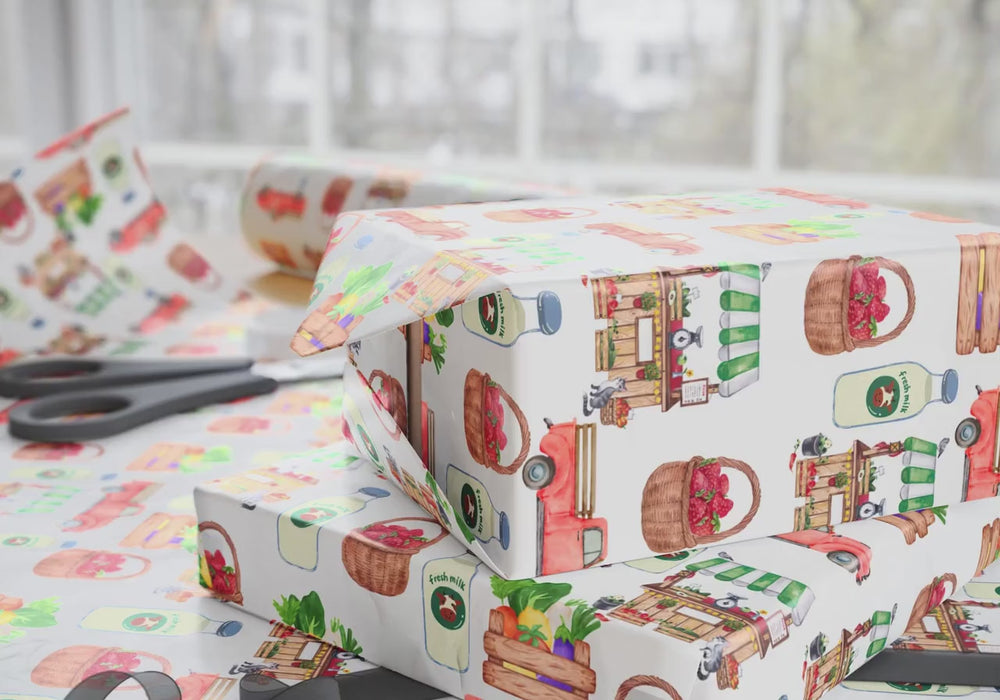 Farmers Market Wrapping Paper | Fresh Produce, Market Stand & Farm Truck | Rustic Harvest Gift Wrap