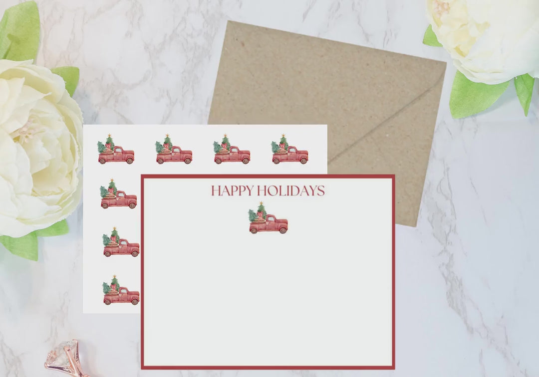 Happy Holidays Notecards with Truck and Christmas Trees Double-Sided Christmas Greeting Cards with Kraft Paper Envelopes Matte Holiday Cards