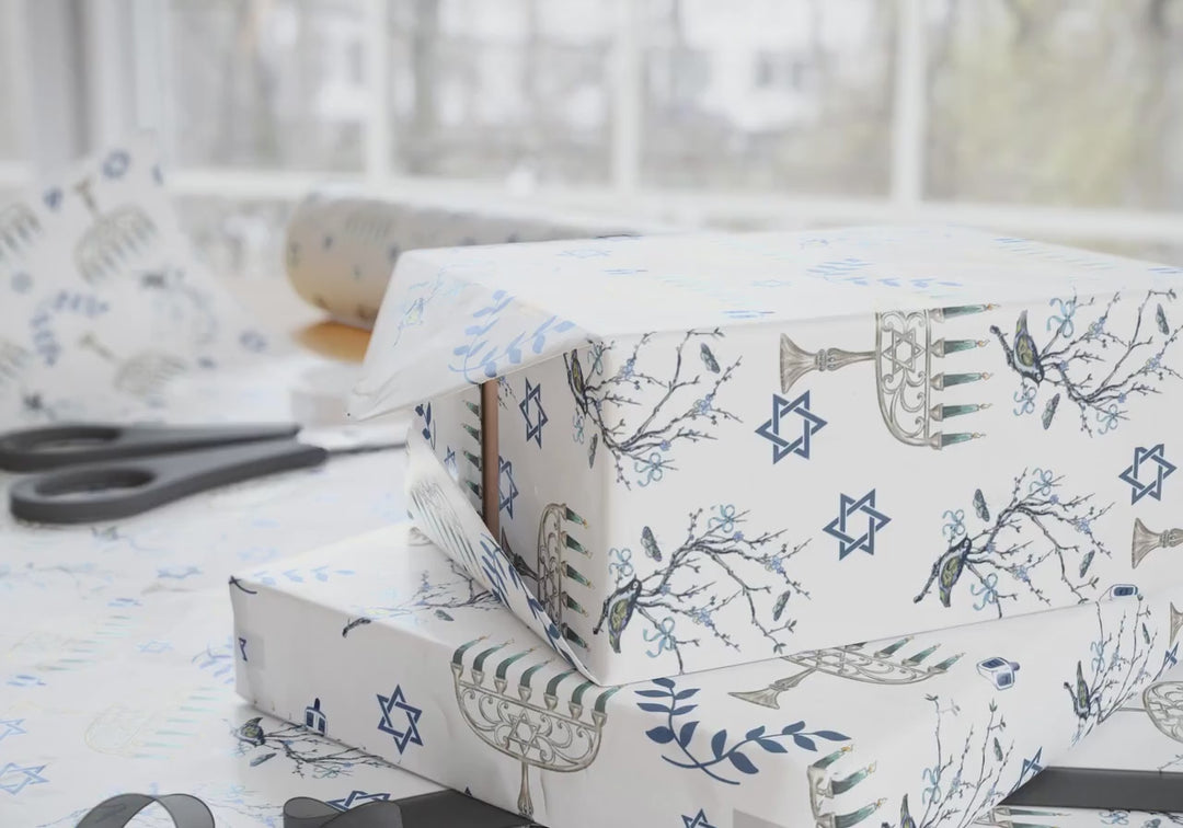 Chinoiserie Hanukkah Wrapping Paper with Blue Florals, Blue Birds, Menorahs, Jewish Stars, and Dreidels Elegant Blue and White Gift Wrap