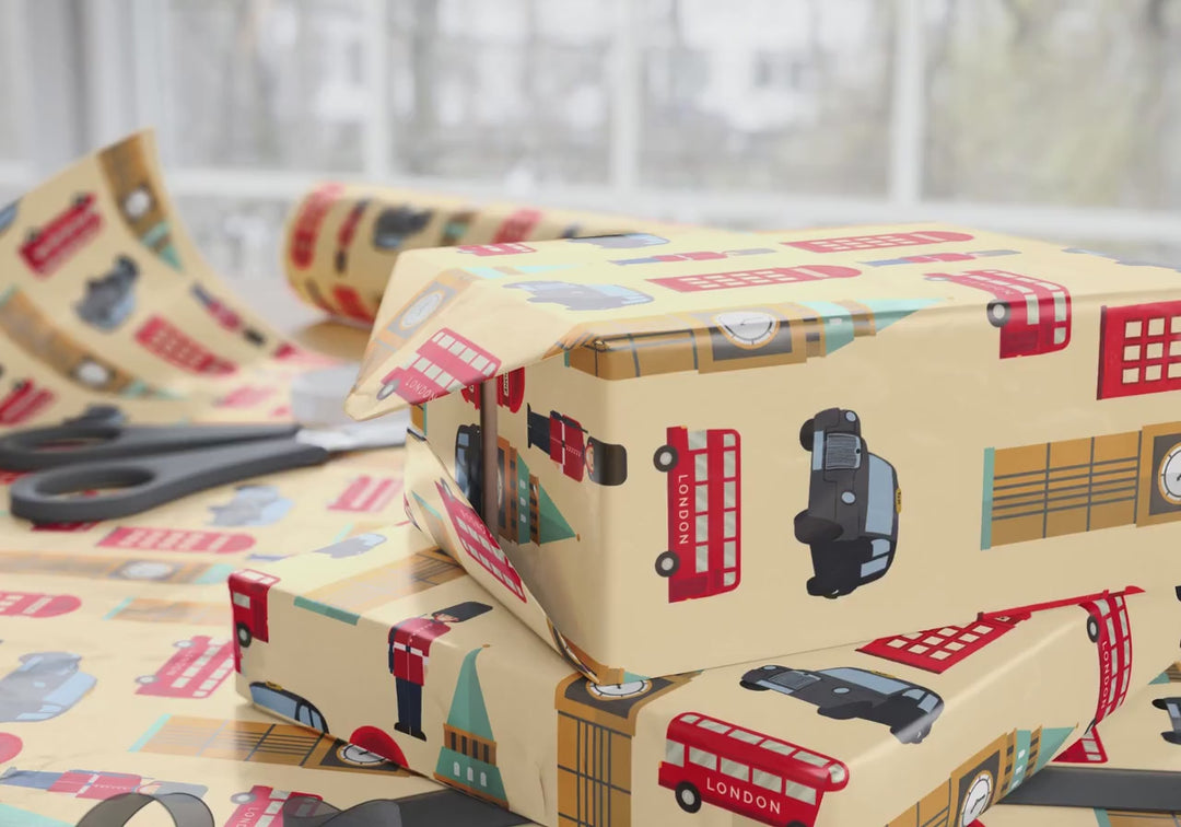 London-Themed Wrapping Paper | Black Taxi, Big Ben, Palace Guard, Telephone Booth, Double-Decker Bus Design | London Gift Wrap Birthday Gift