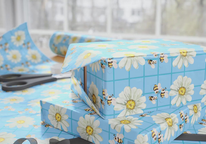 Bumblebees and Daisies Wrapping Paper | Cute Blue and Square Pattern | Birthday Baby Shower Gift Wrap | Fun Kids Wrapping Paper