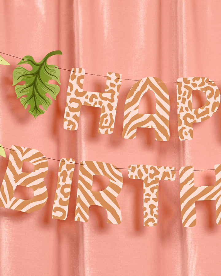 Safari Birthday Banner - animal print + leaf icons